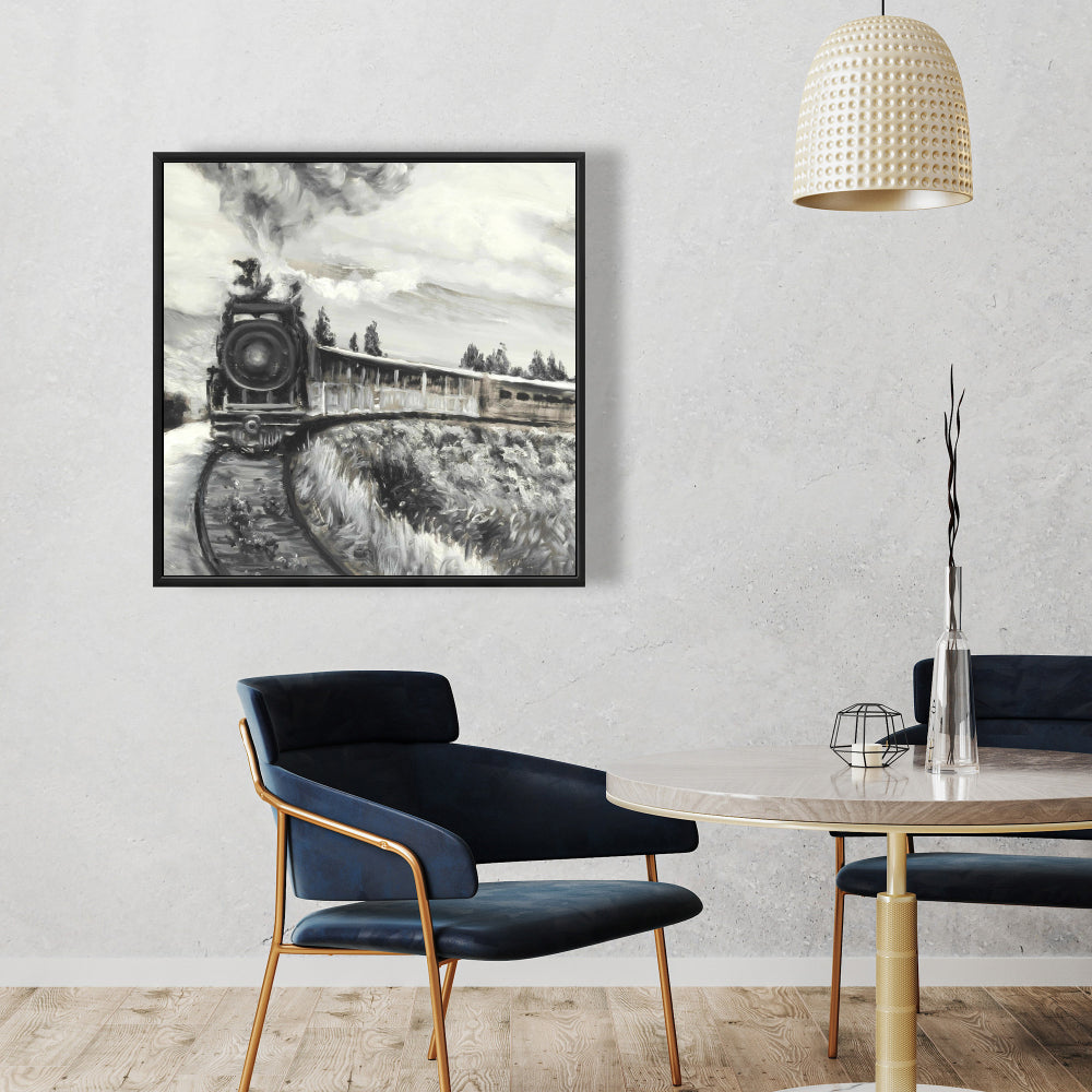 Gray Landscapes Framed Canvas | Steam Engine Train Art Decor