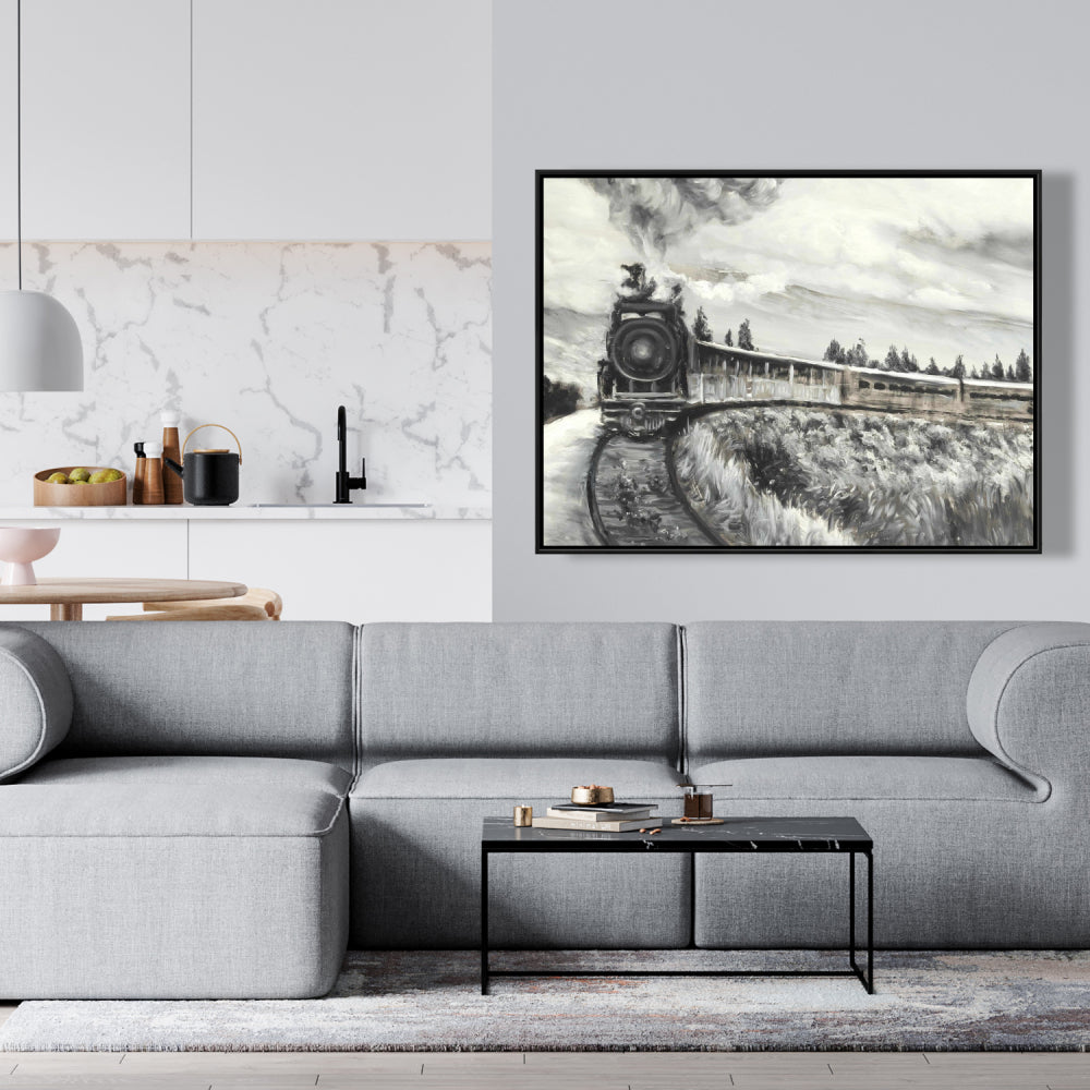 Gray Landscapes Framed Canvas | Steam Engine Train Art Decor