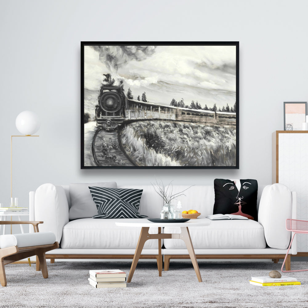 Gray Landscapes Framed Canvas | Steam Engine Train Art Decor