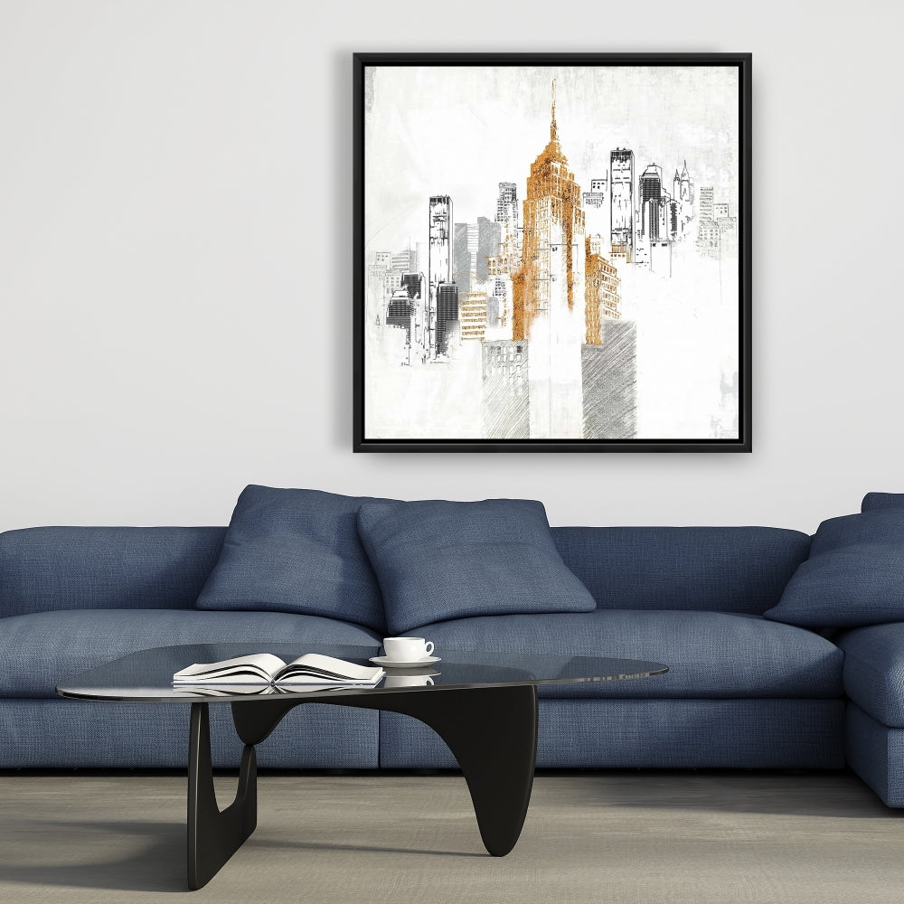 Blurry Sketch Cityscape White Framed Canvas | Home Decor Art