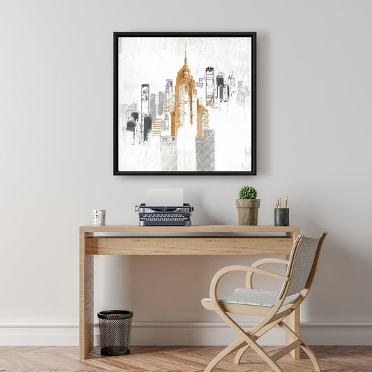 Blurry Sketch Cityscape White Framed Canvas | Home Decor Art