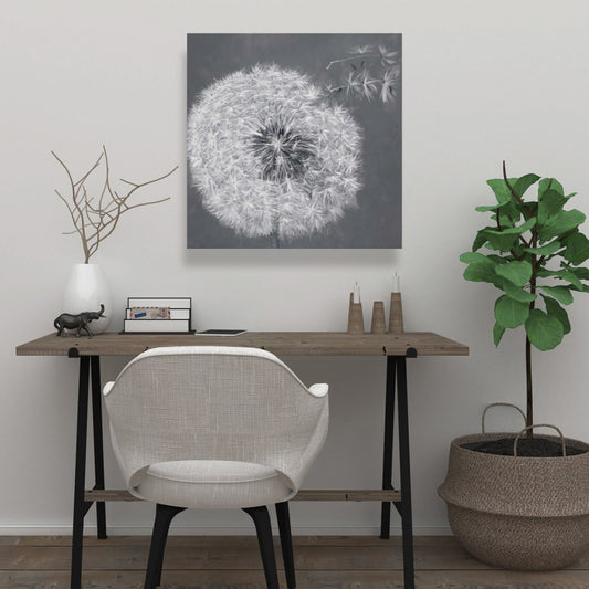 Toile botanique blanche représentant un pissenlit qui souffle | Décoration d'intérieur
