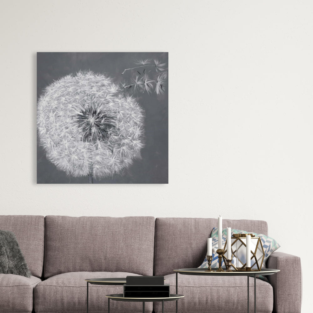 Toile botanique blanche représentant un pissenlit qui souffle | Décoration d'intérieur