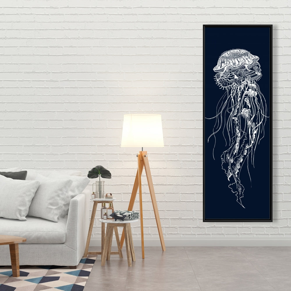 Detailed Jellyfish Canvas | Blue Framed Bedroom Wall Art