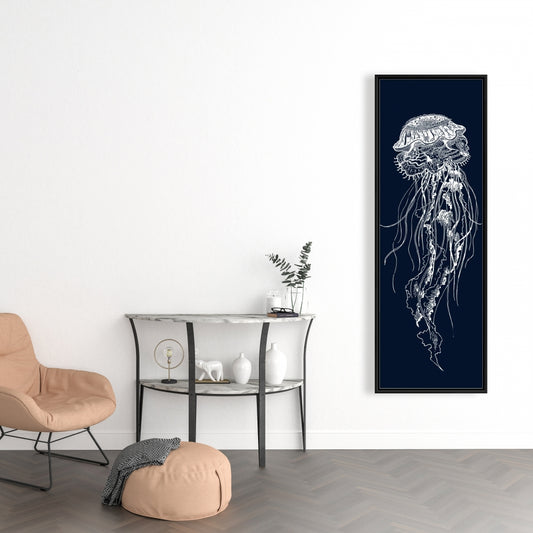 Toile détaillée représentant une méduse | Décoration murale encadrée bleue pour chambre