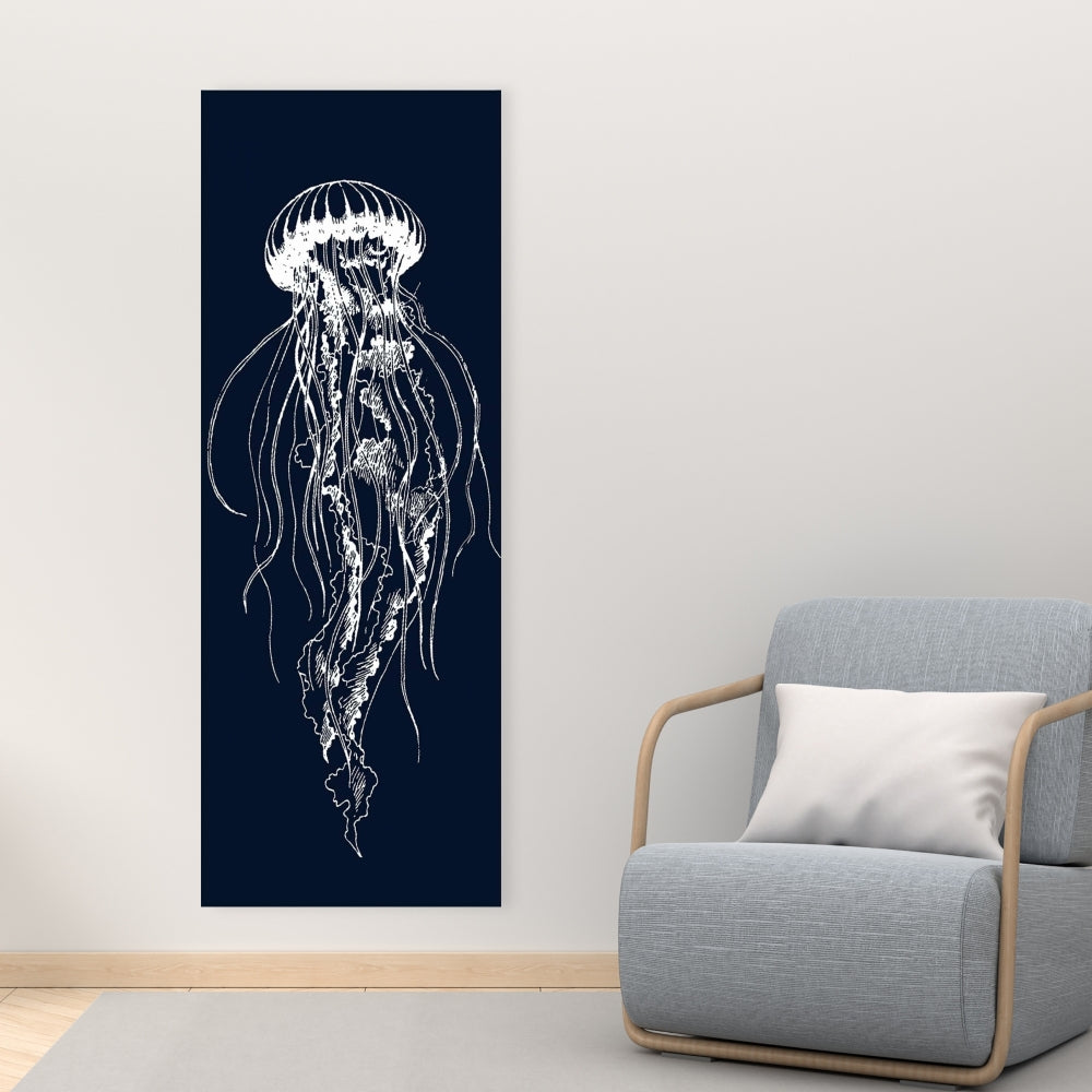 Illustration de méduse blanche | Décoration d'intérieur sur toile bleu marine