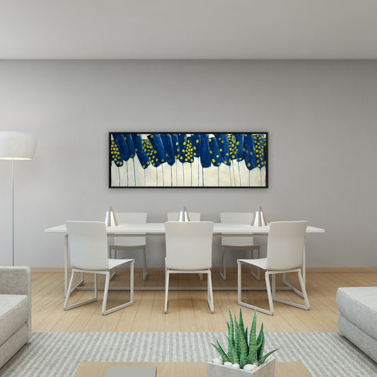 Toile encadrée abstraite à fleurs bleu-jaune | Décoration d'intérieur