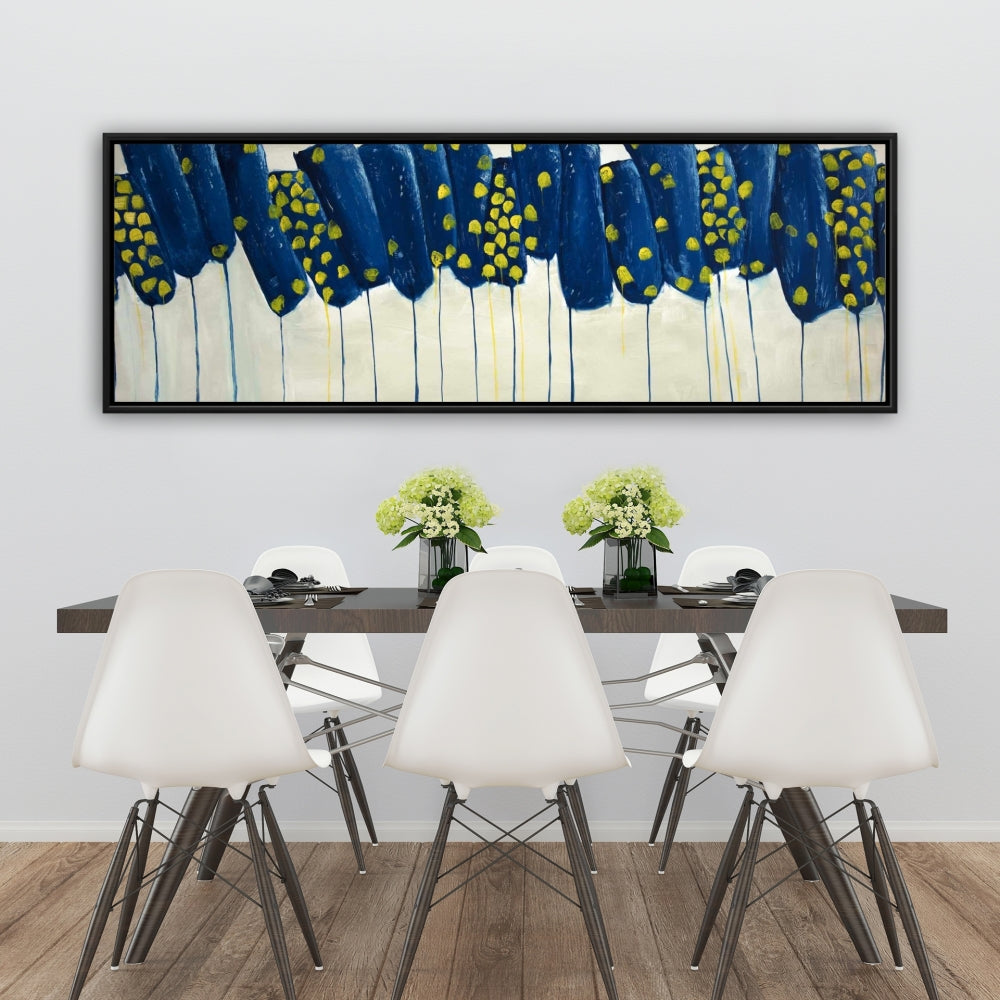 Toile encadrée abstraite à fleurs bleu-jaune | Décoration d'intérieur