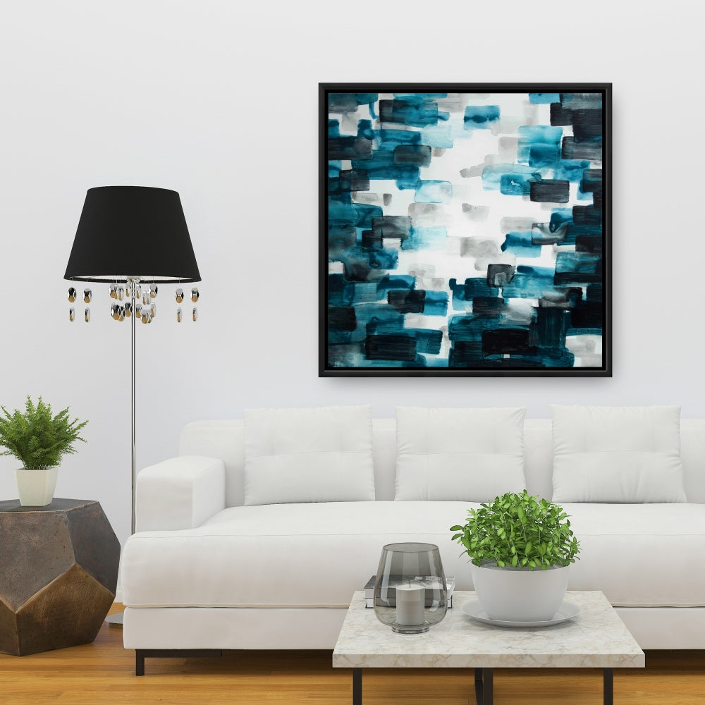 Pattern Blue Framed Canvas | Turquoise and Gray Squares Decor