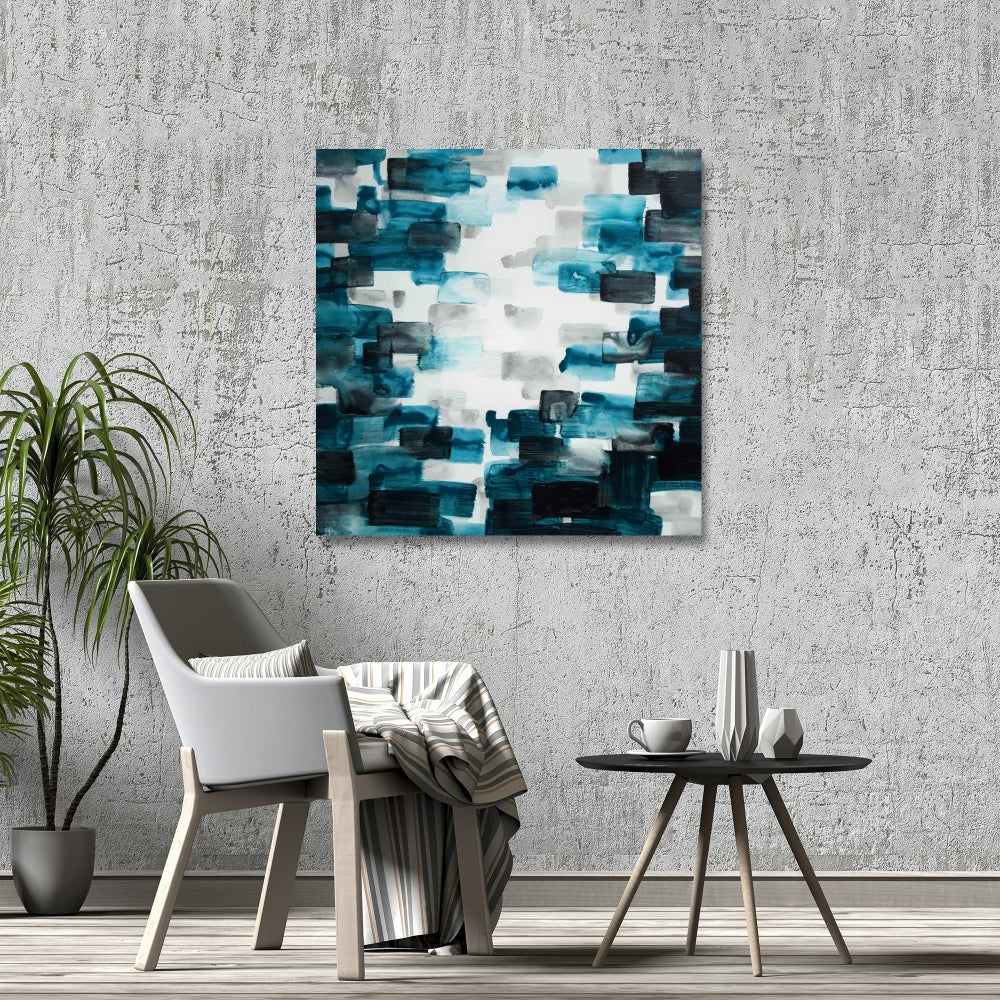 Turquoise and Gray Squares Canvas - Abstract Blue Home Decor