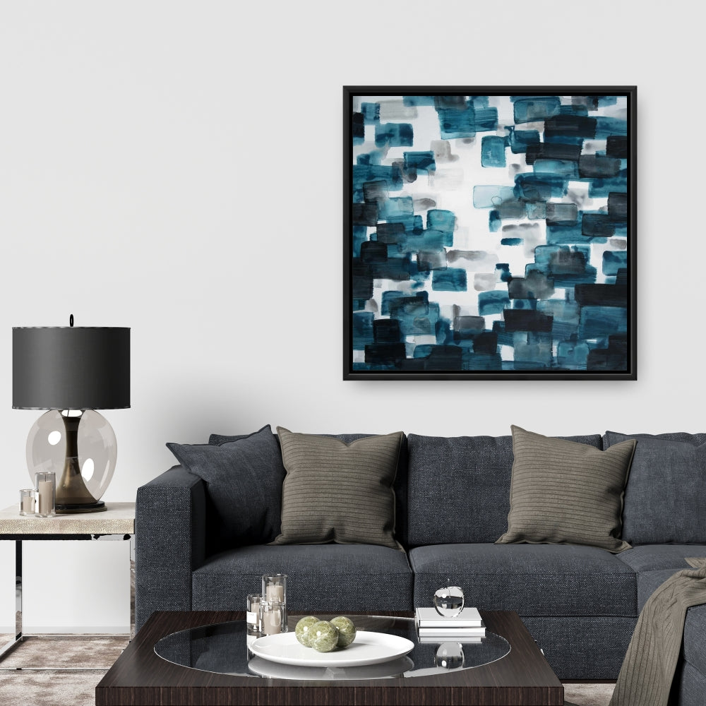 Pattern Bedroom Blue Framed Canvas - Turquoise and Gray Shapes