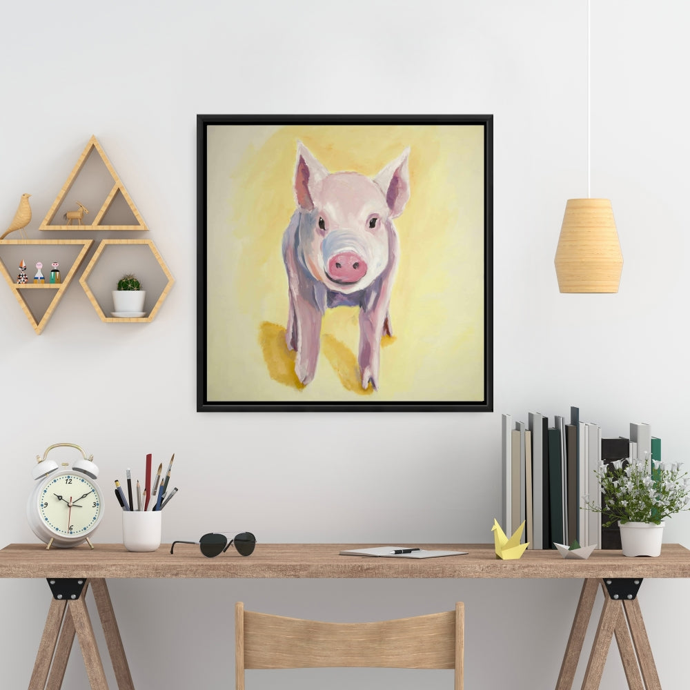Solitary Pig Canvas | Yellow Farm Animal Art for Home Decor