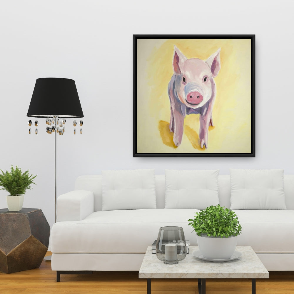 Solitary Pig Canvas | Yellow Farm Animal Art for Home Decor