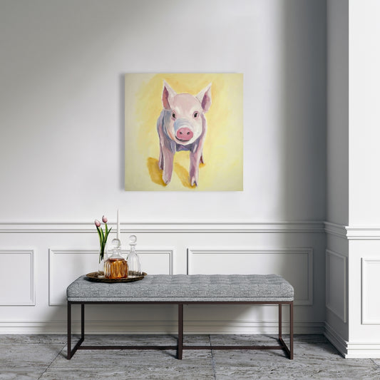 Toile Cochon solitaire - Décoration de chambre à coucher avec animaux de la ferme jaunes