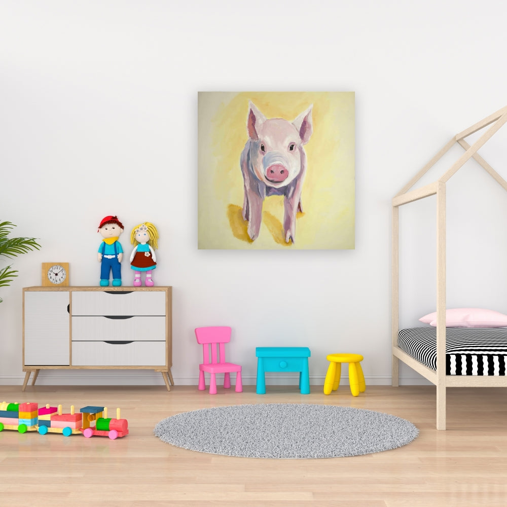 Solitary Pig Canvas - Yellow Farm Animal Bedroom Decor