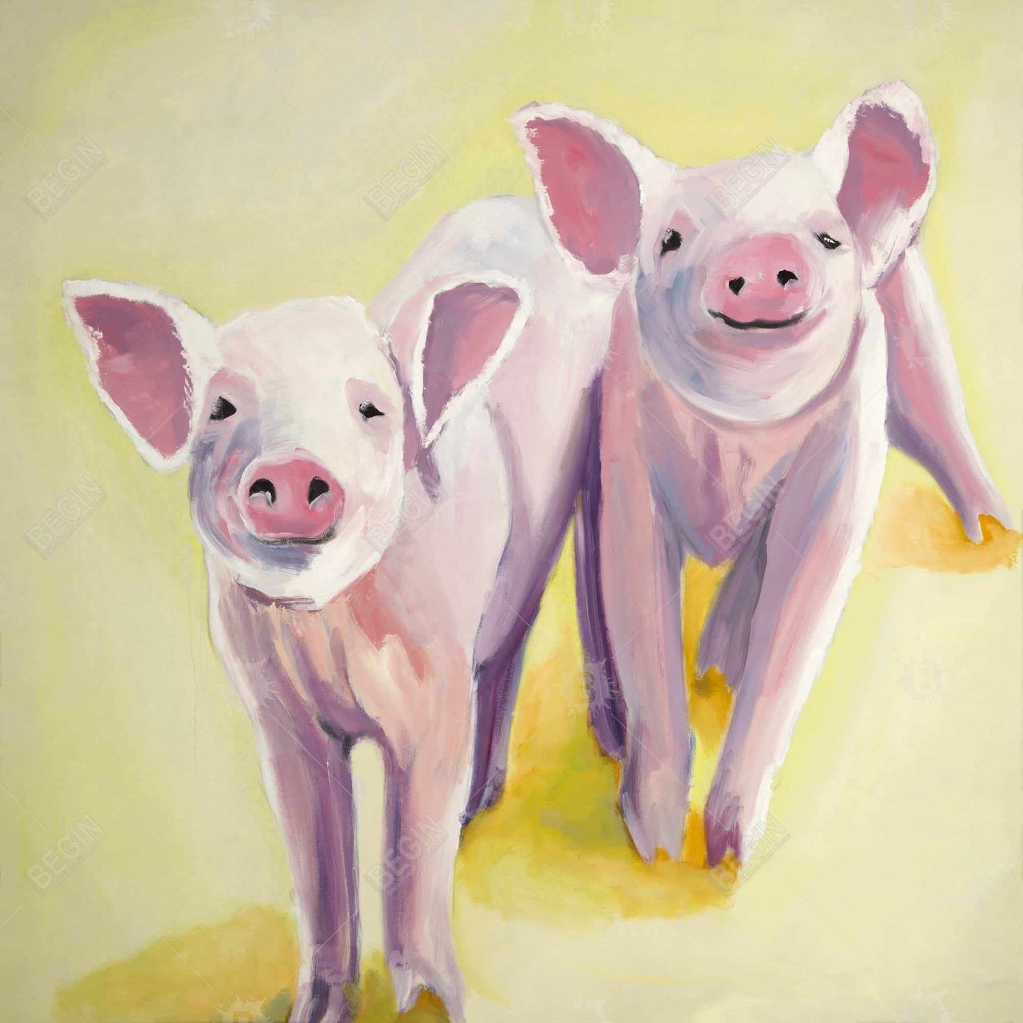 Yellow Animal Canvas - Two Smiling Pigs Framed Wall Art Decor