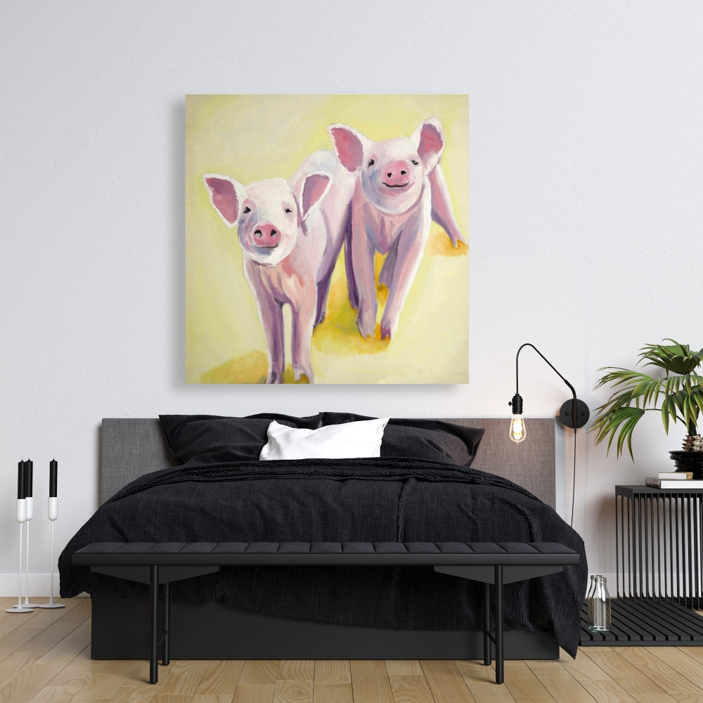 Toile illustrative jaune – Deux cochons souriants pour la décoration de la chambre