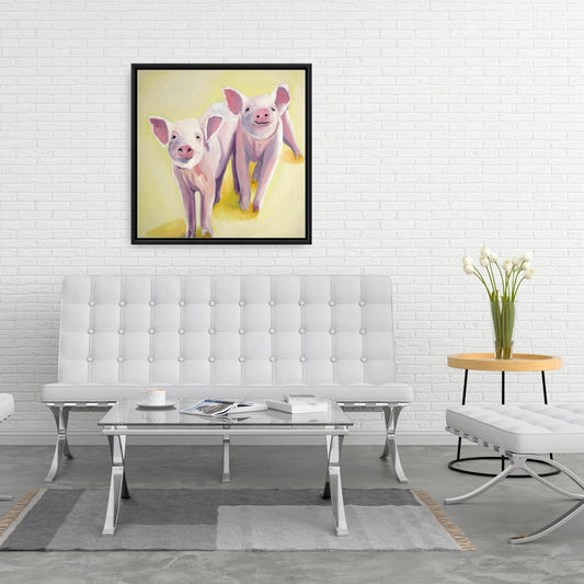 Toile jaune animal - Décoration murale encadrée représentant deux cochons souriants