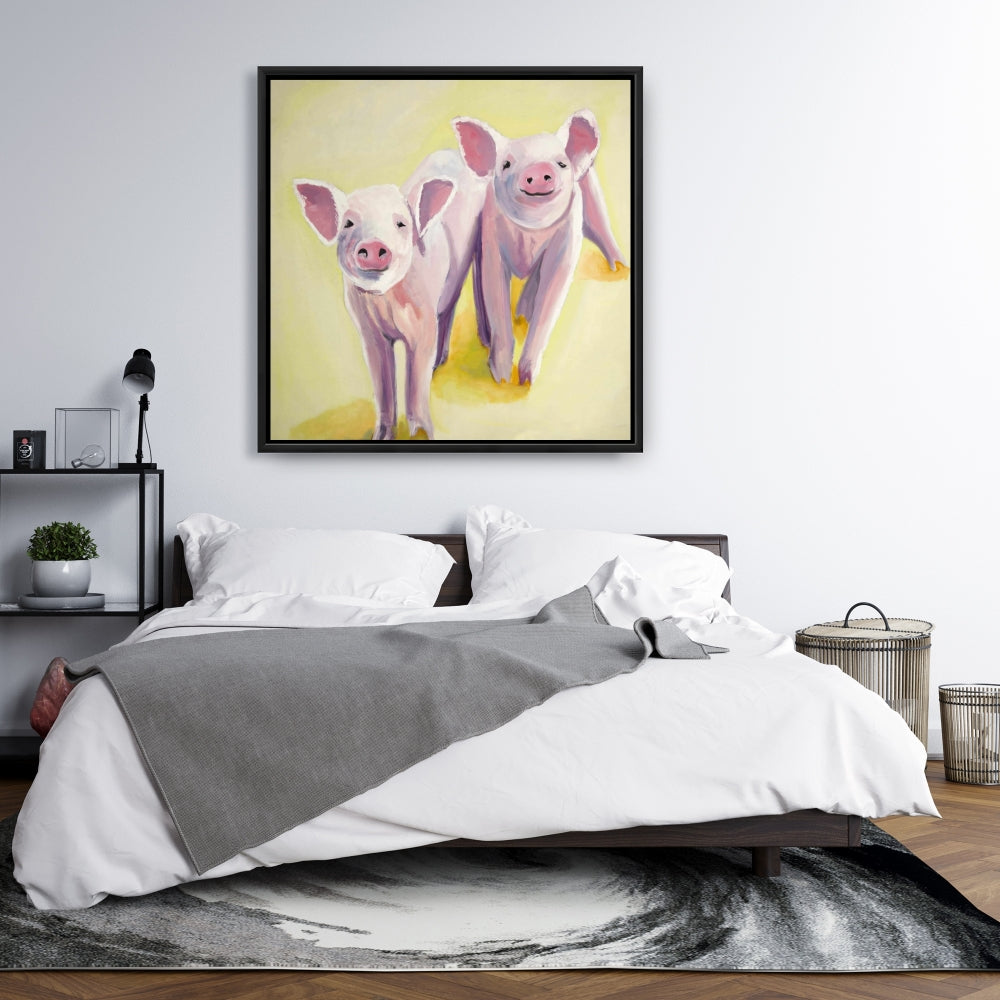 Yellow Animal Canvas - Two Smiling Pigs Framed Wall Art Decor