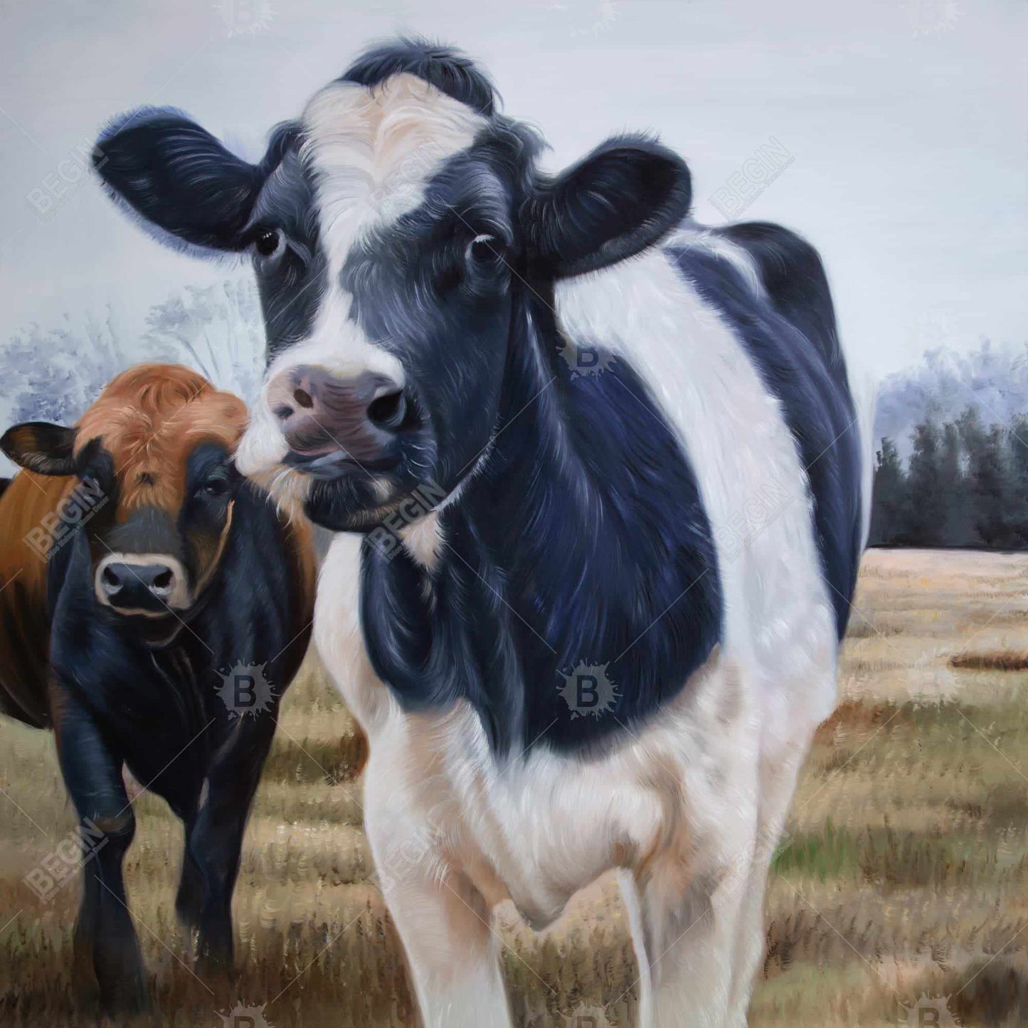 Rustic Farmhouse Canvas - Two Cows Eating Grass Wall Art