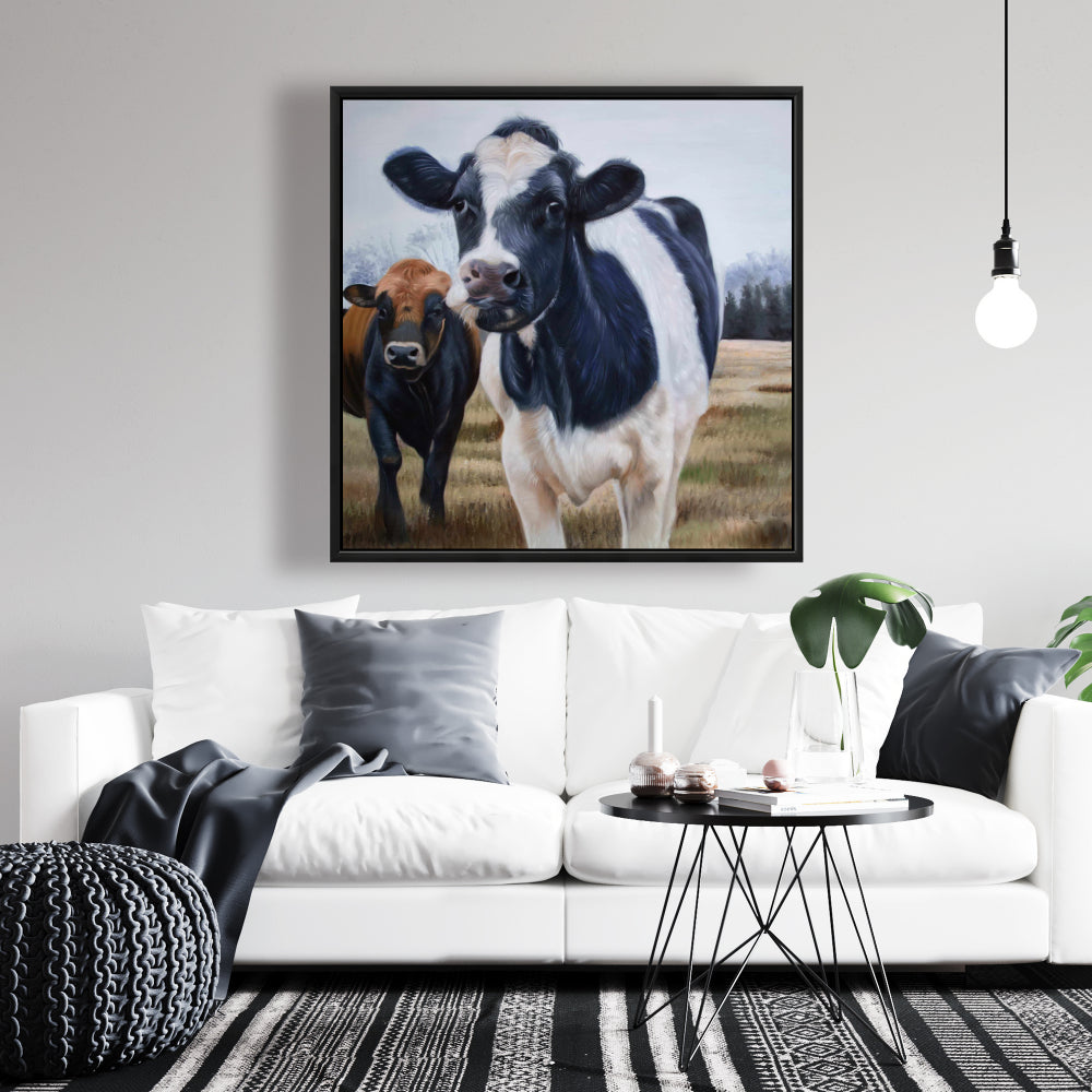 Rustic Farmhouse Canvas - Two Cows Eating Grass Wall Art