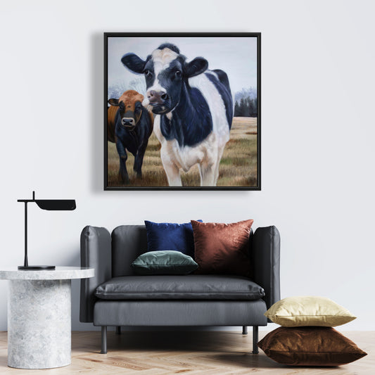 Rustic Farmhouse Canvas - Two Cows Eating Grass Wall Art