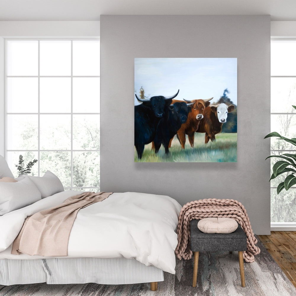 Brown Western Bedroom Canvas - Four Highland Cows Wall Art