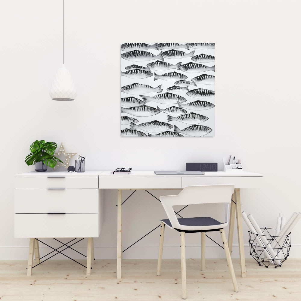 Gray Shoal of Fish Canvas | White Aquatic Decor for Bedroom