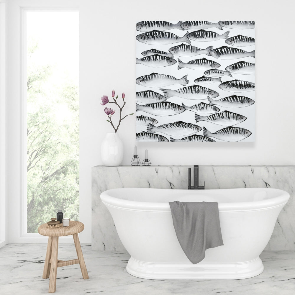 Gray Shoal of Fish Canvas | White Aquatic Decor for Bedroom