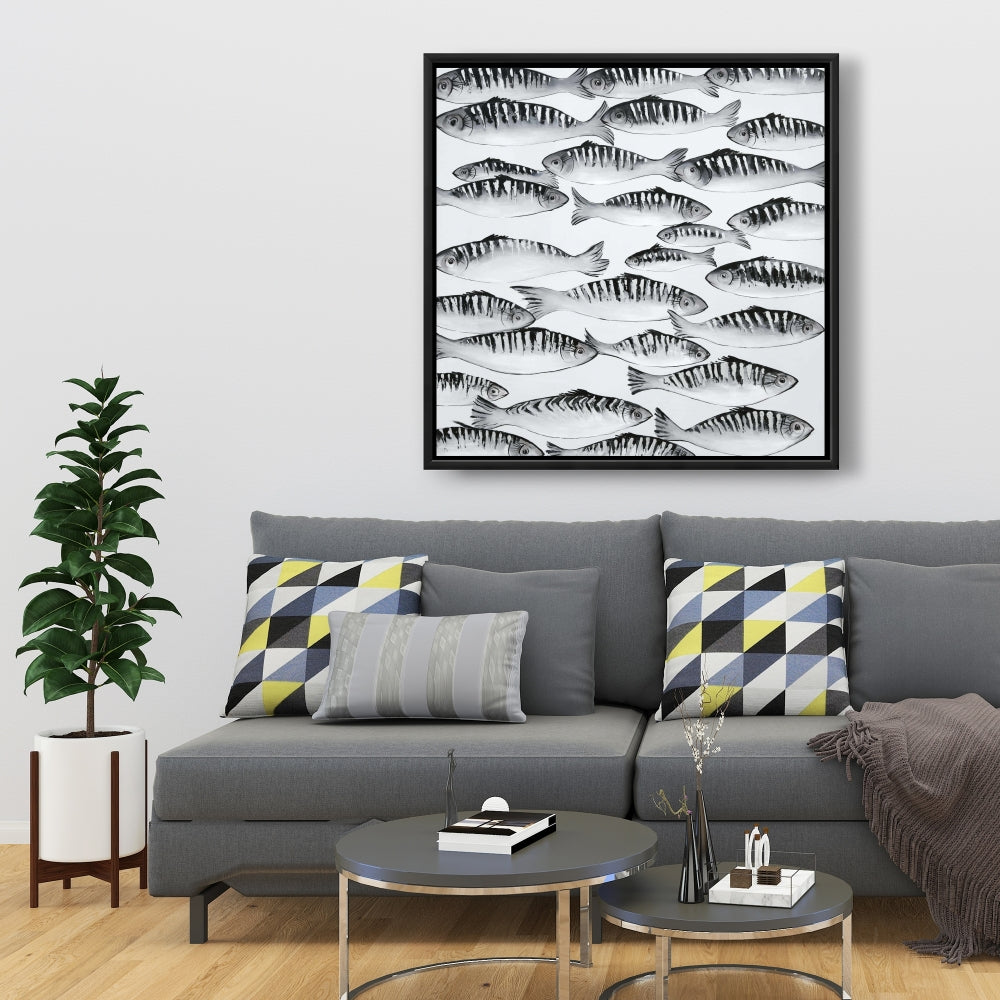 Gray Shoal of Fish Framed Canvas | Contemporary Home Decor