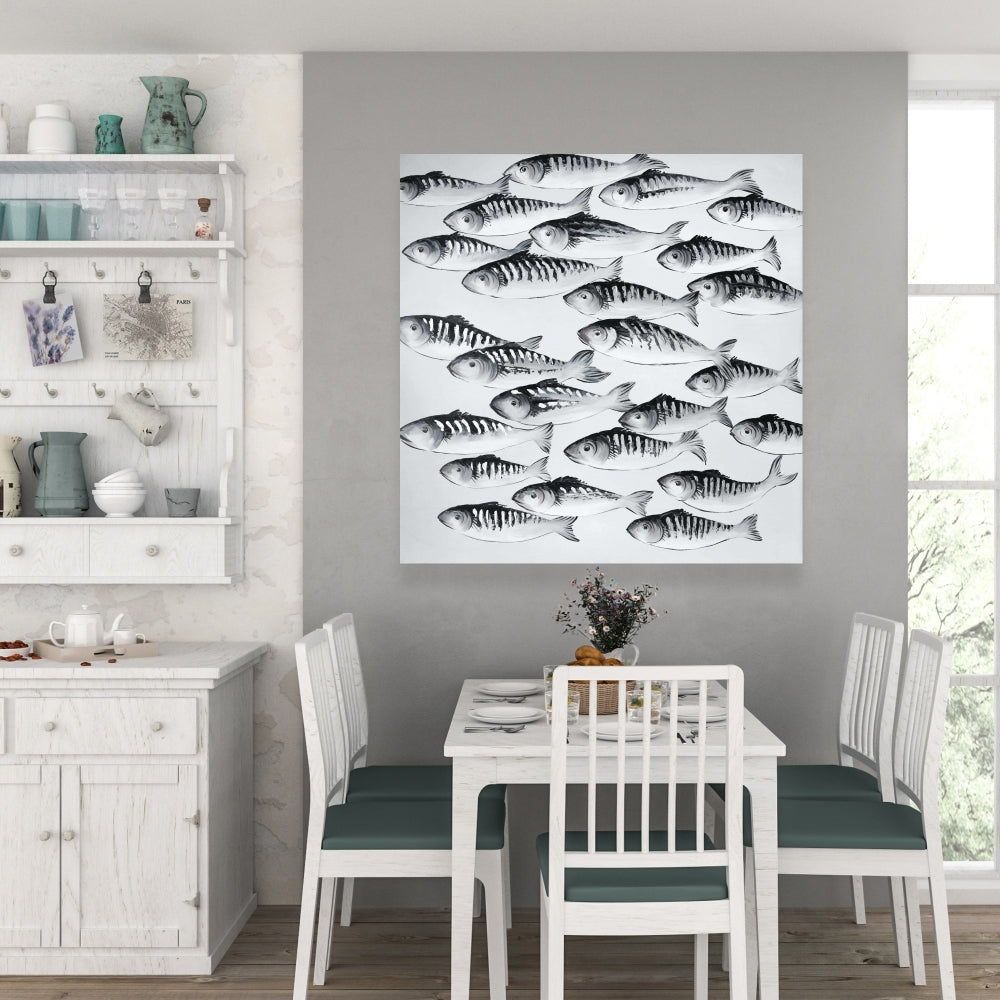 Gray School of Fish Canvas - Aquatic Home Decor Wall Art