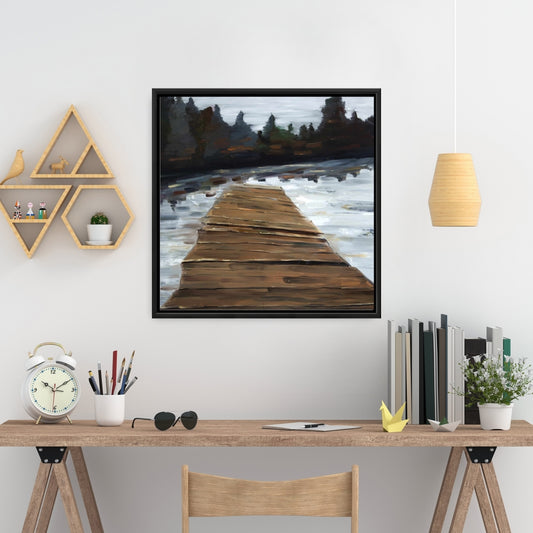 Toile encadrée blanche rustique côtière avec quai et lac | Décoration intérieure