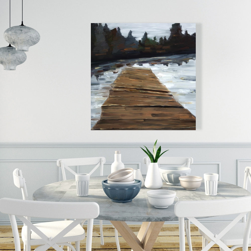 Toile blanche avec arbres rustiques - Décoration d'intérieur sur quai et lac