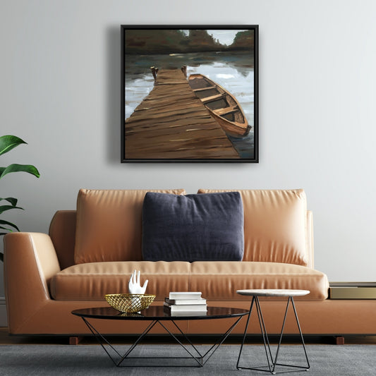 Toile côtière avec lac, quai et bateau | Décoration de chambre à coucher avec arbres