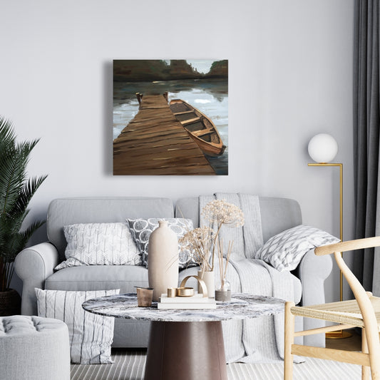 Coastal White Canvas - Lake, Dock and Boat | Home Decor