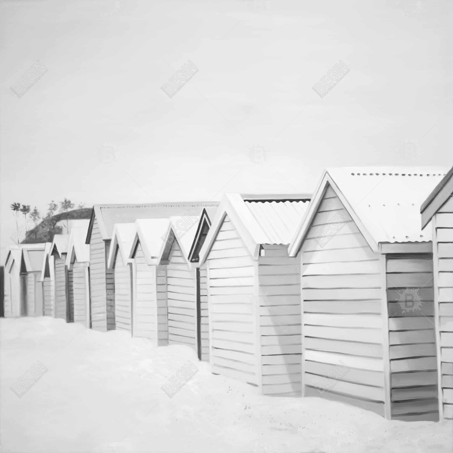 Beach Cabins Canvas | White Coastal Framed Bedroom Decor