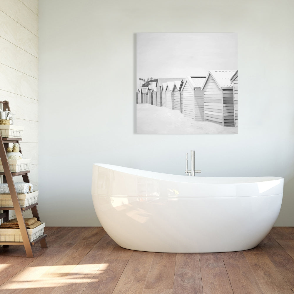 Toile « Cabines de plage » | Décoration monochrome mer blanche