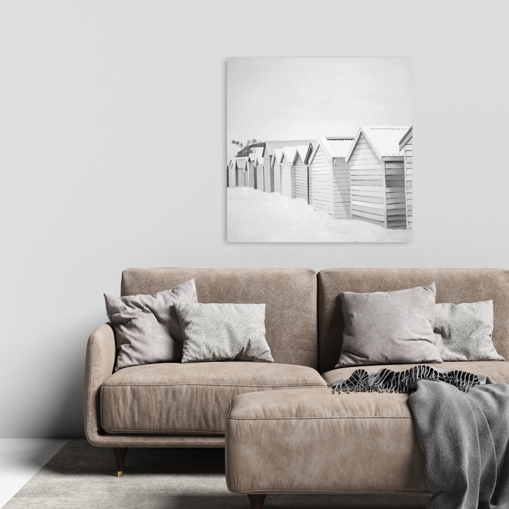 Toile « Cabines de plage » | Décoration monochrome mer blanche
