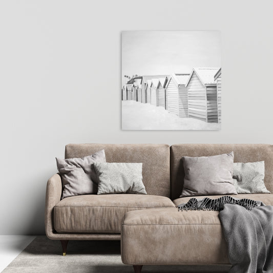 Beach Cabins Canvas | White Sea Monochrome Home Decor