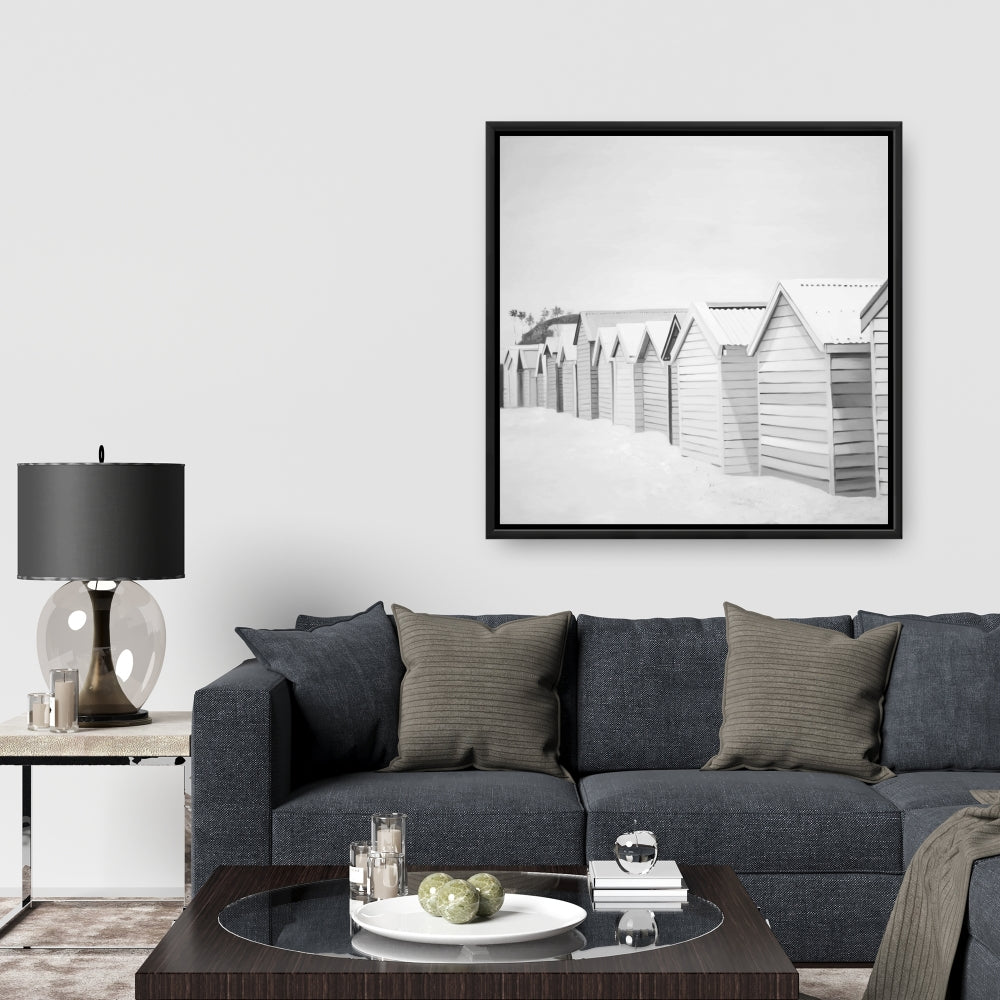Toile « Cabanes de plage » | Décoration de chambre encadrée, style côtier blanc