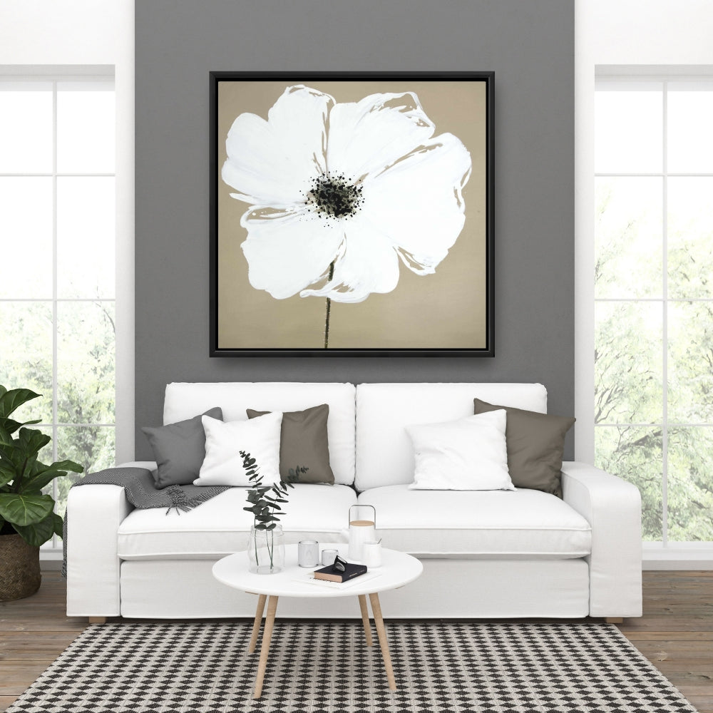 Toile abstraite avec pétales de fleurs colorées et cadre blanc