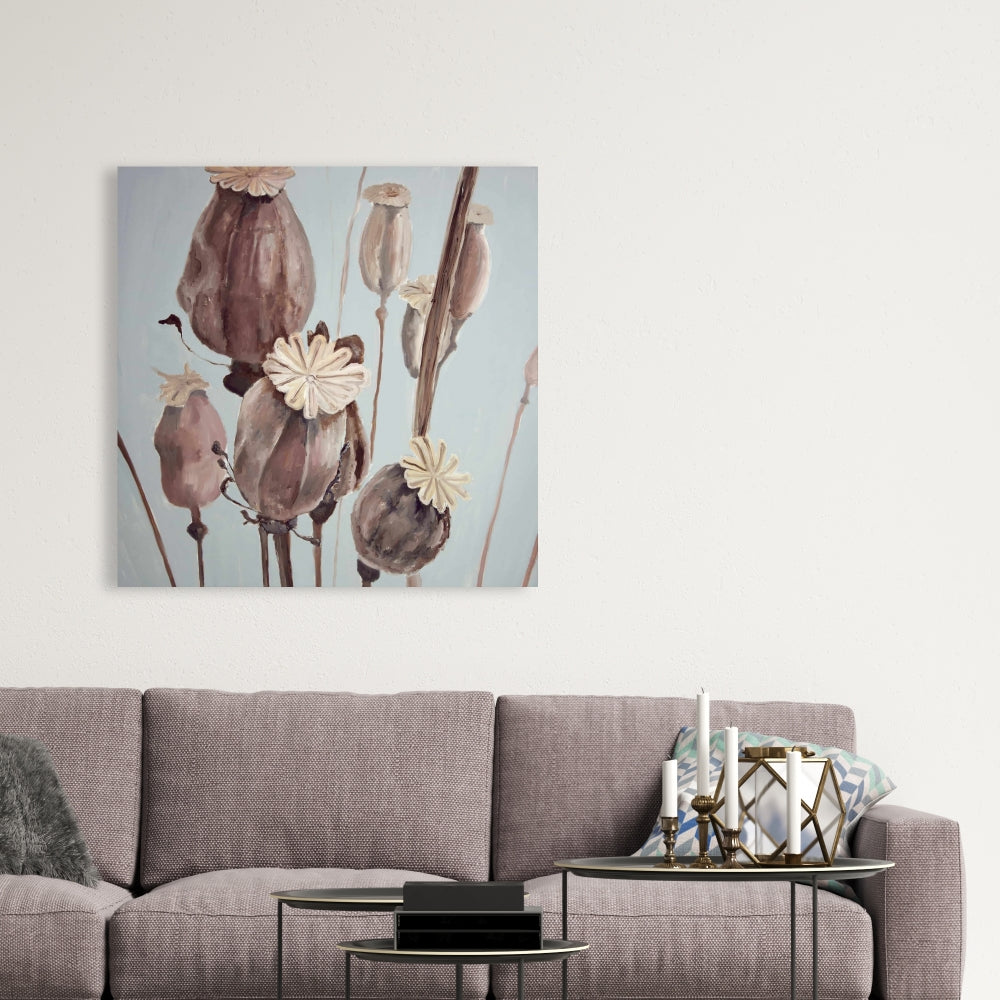 Sepia Poppy Head Flowers Canvas - Floral White Bedroom Decor