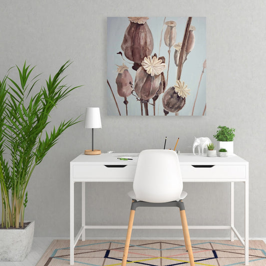 Toile avec têtes de pavot sépia - Décoration de chambre florale blanche