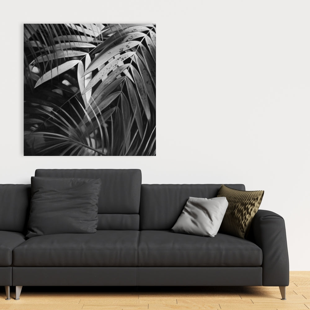 Monochrome Tropical Leaves Canvas - Botanical Bedroom Decor
