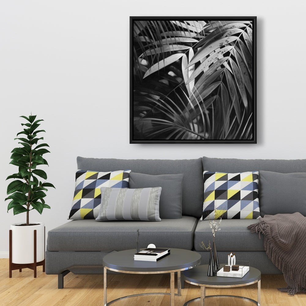 Monochrome Tropical Leaves Canvas | White Floral Bedroom Decor