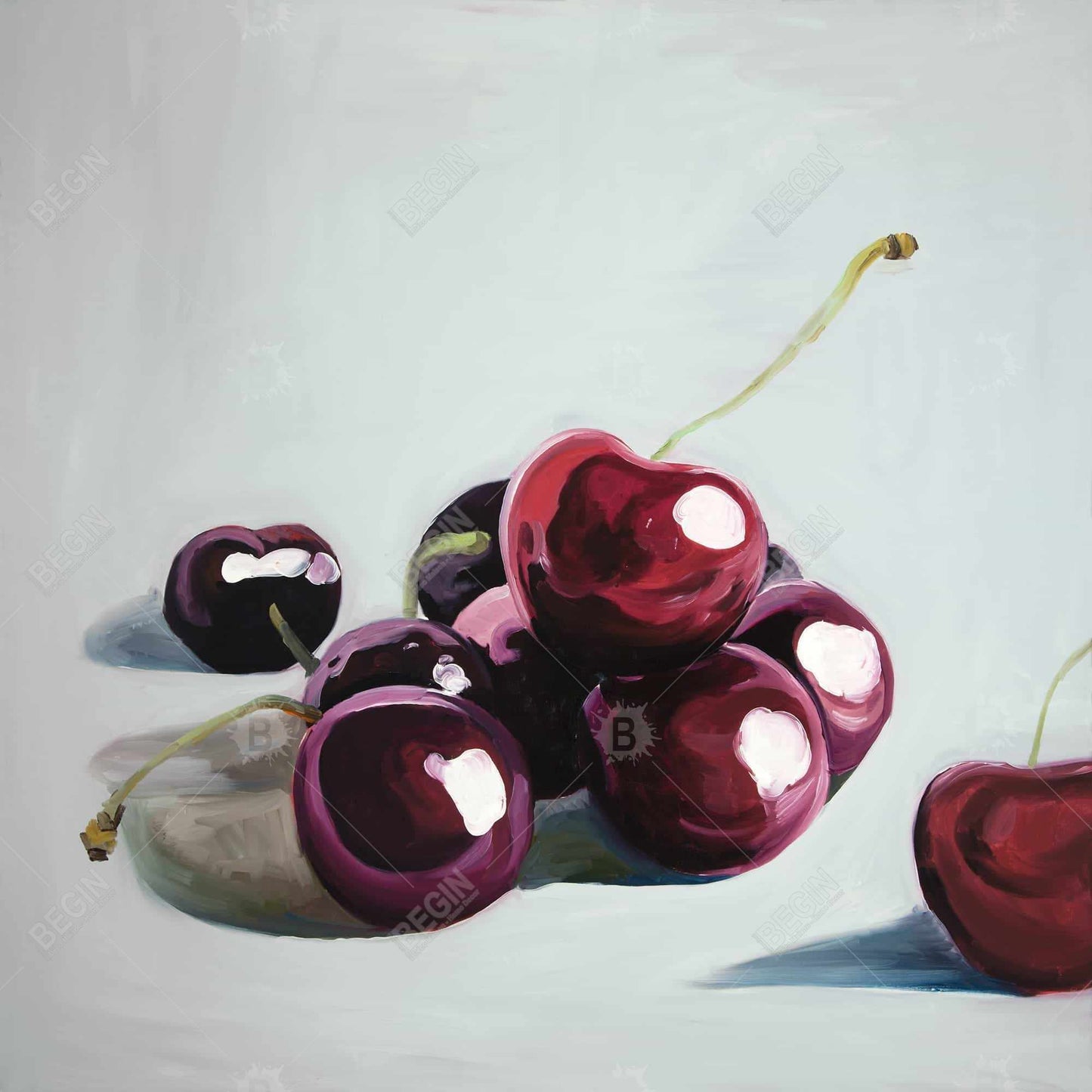 Glossy Dark Cherries Canvas | White Romantic Food Wall Art