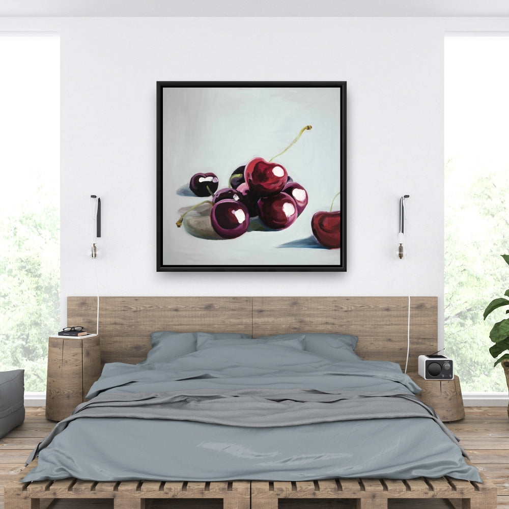 Glossy Dark Cherries Canvas | White Romantic Food Wall Art