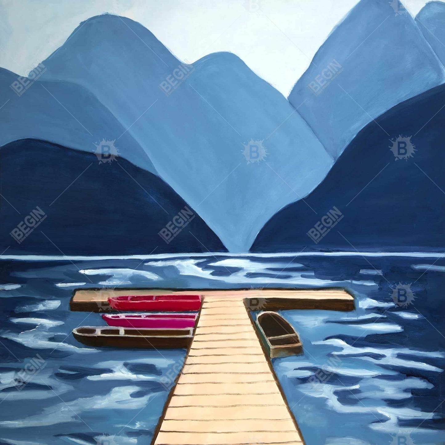 Blue Marine Mountains Framed Canvas - Lake, Quai & Mountains Decor