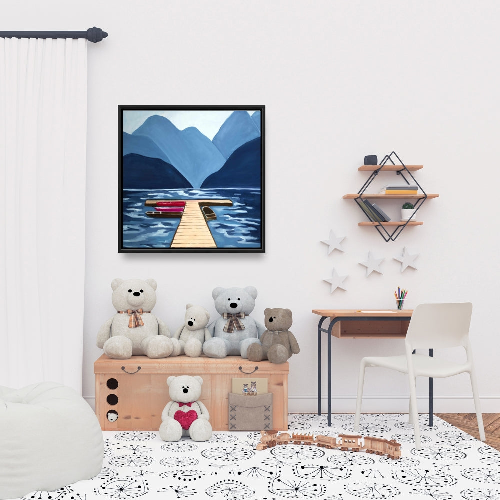 Blue Marine Mountains Framed Canvas - Lake, Quai & Mountains Decor