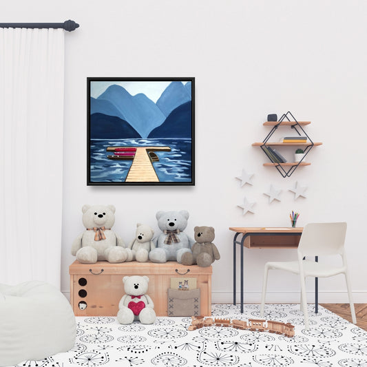 Toile encadrée Blue Marine Mountains - Décor lac, quai et montagnes